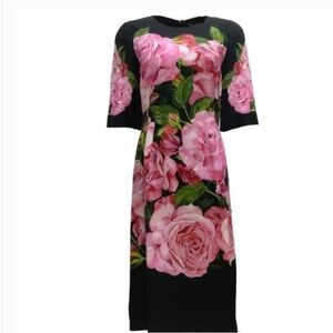 Dolce & Gabbana Black/Pink Floral Crepe Midi Dress - 40 - NWT